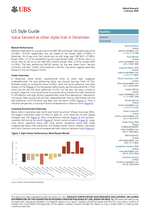 美国风格指南：12月价值风格领先，其他风格落后