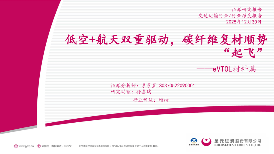 交通运输行业eVTOL材料篇：低空+航天双重驱动，碳纤维复材顺势“起飞”