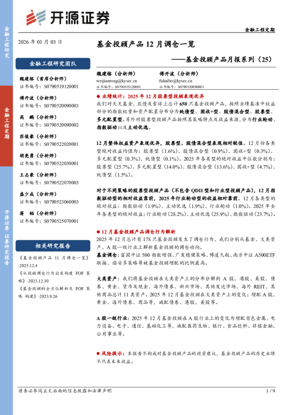 基金投顾产品月报系列（25）：基金投顾产品12月调仓一览