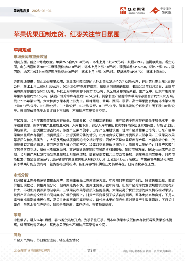 果蔬品月报：苹果优果压制走货，红枣关注节日氛围