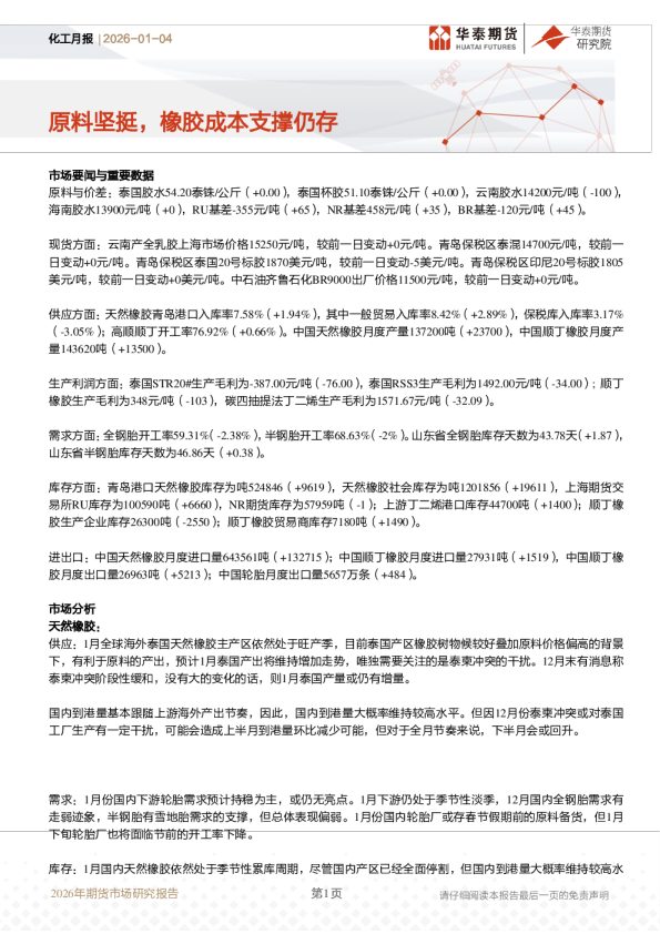 化工月报:原料坚挺,橡胶成本支撑仍存