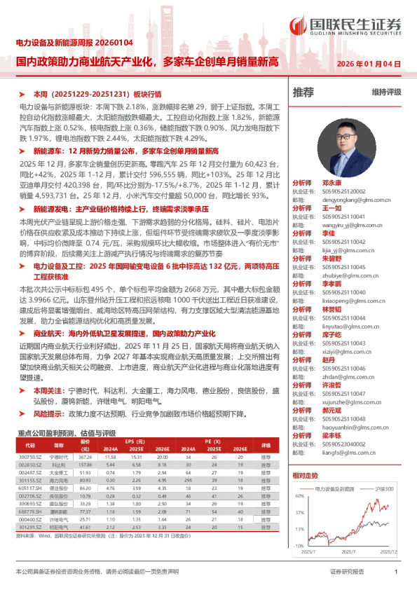 电力设备及新能源周报20260104：国内政策助力商业航天产业化，多家车企创单月销量新高