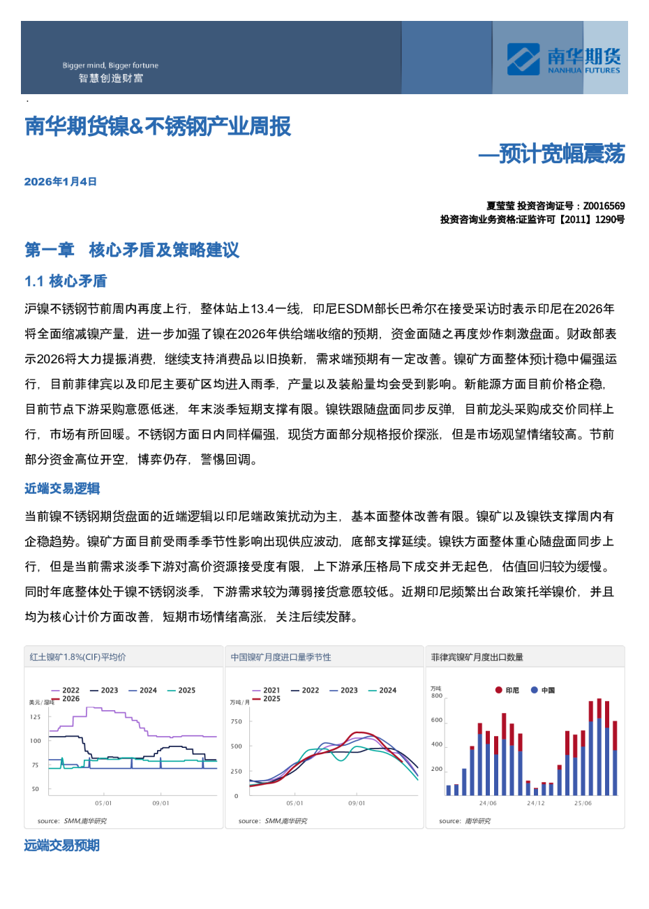 南华期货镍、不锈钢产业周报：预计宽幅震荡