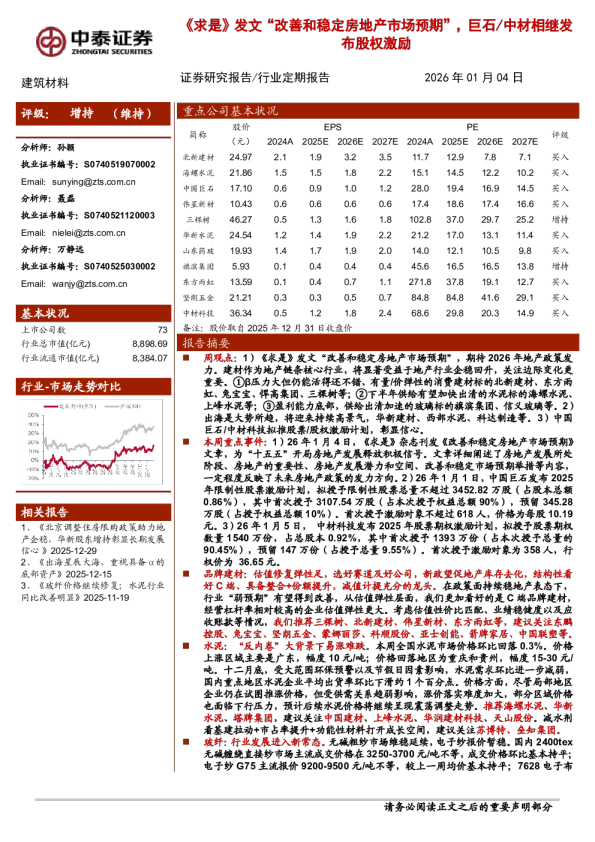 《求是》发文“改善和稳定房地产市场预期”，巨石、中材相继发布股权激励