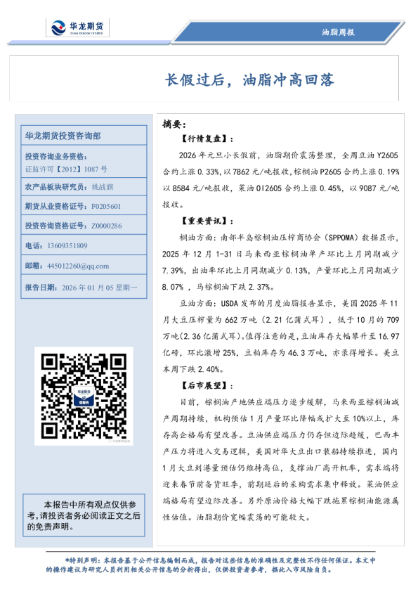 油脂周报：长假过后，油脂冲高回落