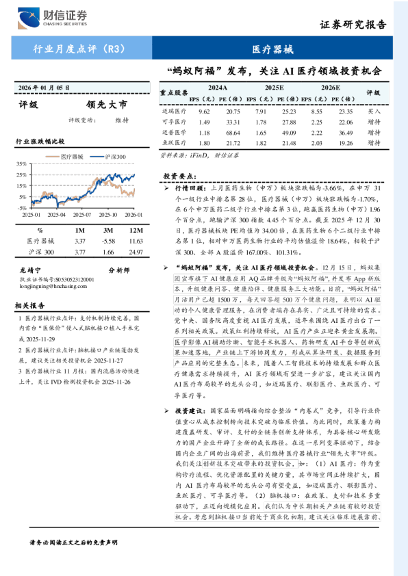 医疗器械行业月度点评（R3）：“蚂蚁阿福”发布，关注AI医疗领域投资机会