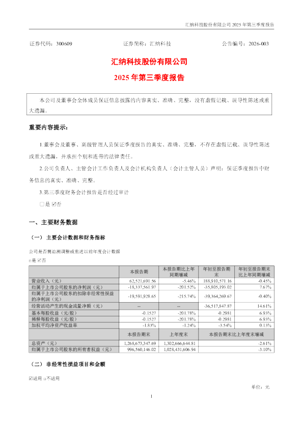 汇纳科技：汇纳科技股份有限公司2025年第三季度报告（更正后）