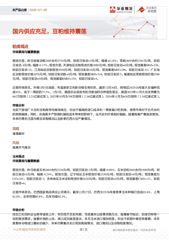 农产品日报:国内供应充足,豆粕维持震荡