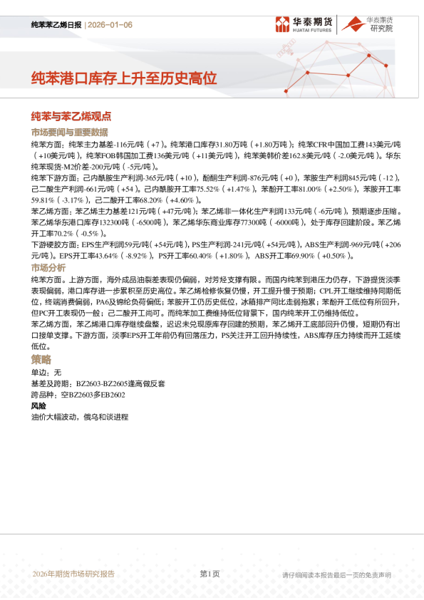 纯苯苯乙烯日报：纯苯港口库存上升至历史高位