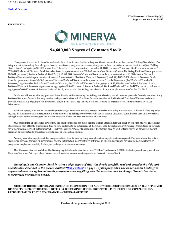 Minerva Neurosciences Inc美股招股说明书(2026-01-06版)