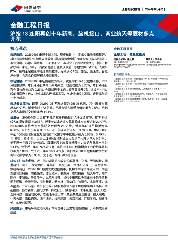 金融工程日报:沪指 13 连阳再创十年新高,脑机接口、商业航天等题材多点开花