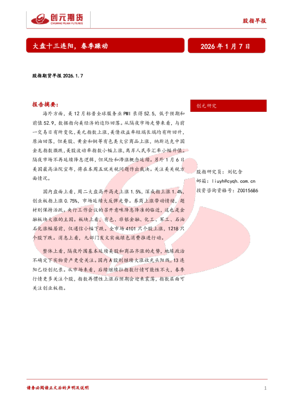 股指期货早报：大盘十三连阳，春季躁动