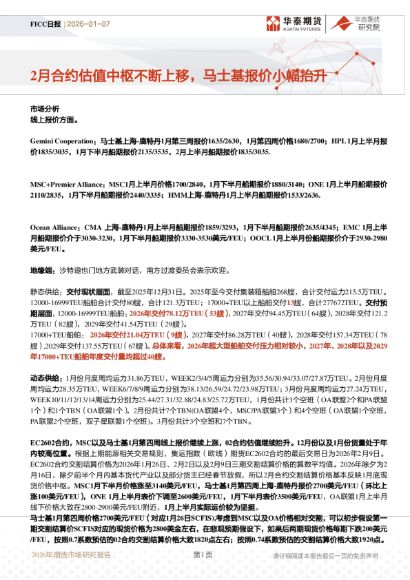FICC日报:2月合约估值中枢不断上移,马士基报价小幅抬升