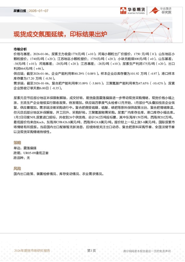 尿素日报：现货成交氛围延续，印标结果出炉
