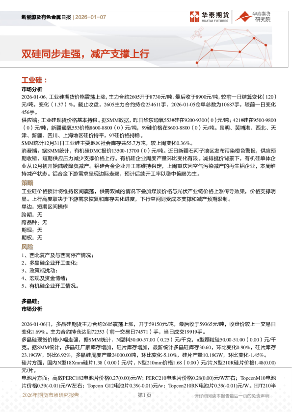 新能源及有色金属日报:双硅同步走强,减产支撑上行