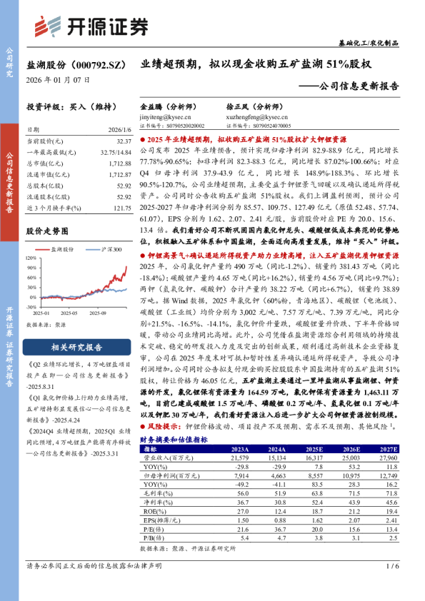 公司信息更新报告：业绩超预期，拟以现金收购五矿盐湖51%股权