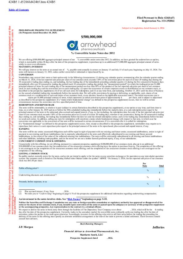 Arrowhead Pharmaceuticals Inc美股招股说明书(2026-01-07版)