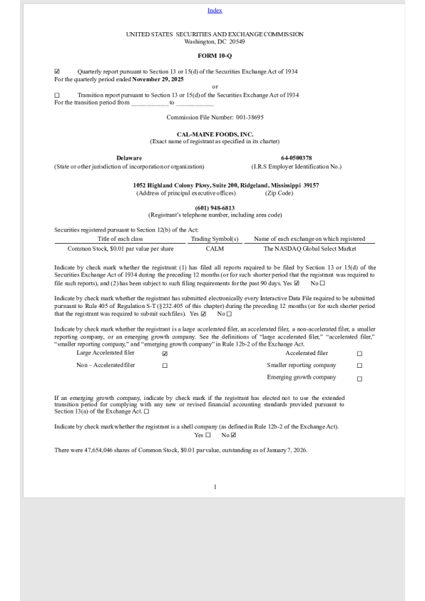Cal-Maine Foods Inc 2026年季度报告