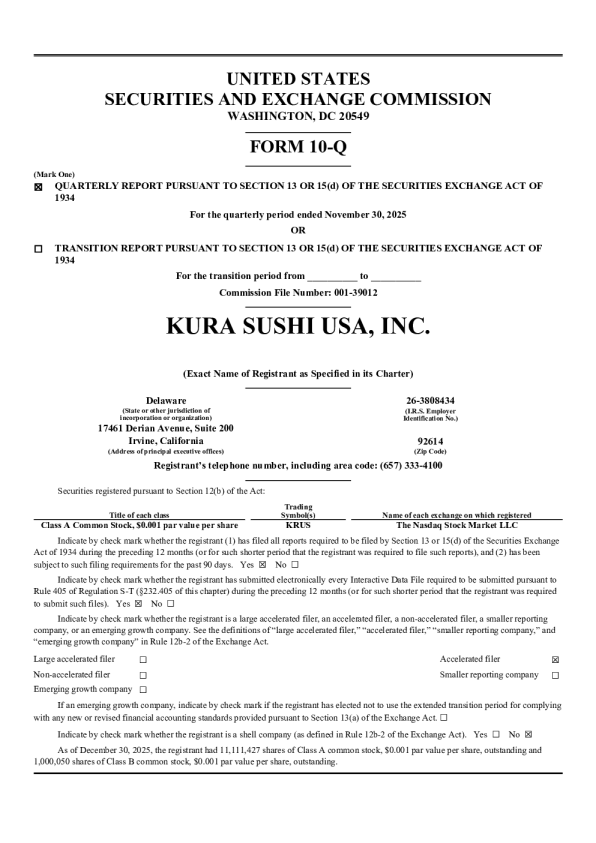Kura Sushi USA Inc-A 2026年季度报告