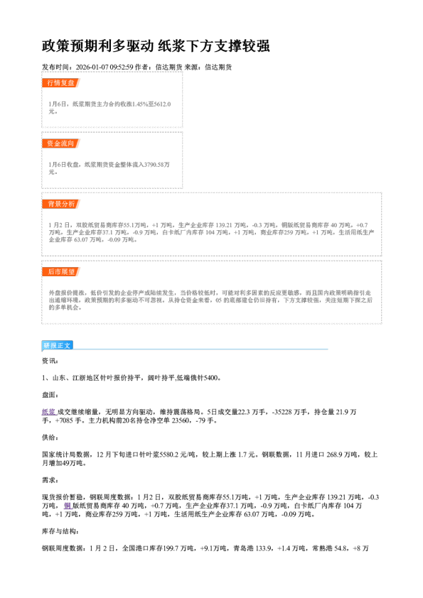 政策预期利多驱动 纸浆下方支撑较强