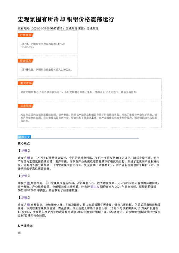 宏观氛围有所冷却 铜铝价格震荡运行