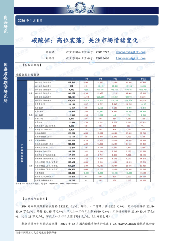 碳酸锂:高位震荡,关注市场情绪变化