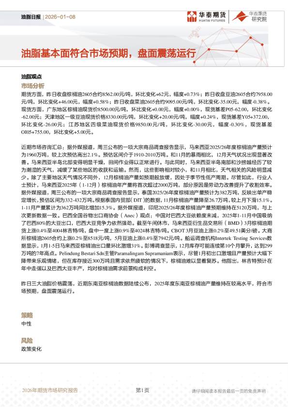 油脂日报：油脂基本面符合市场预期，盘面震荡运行