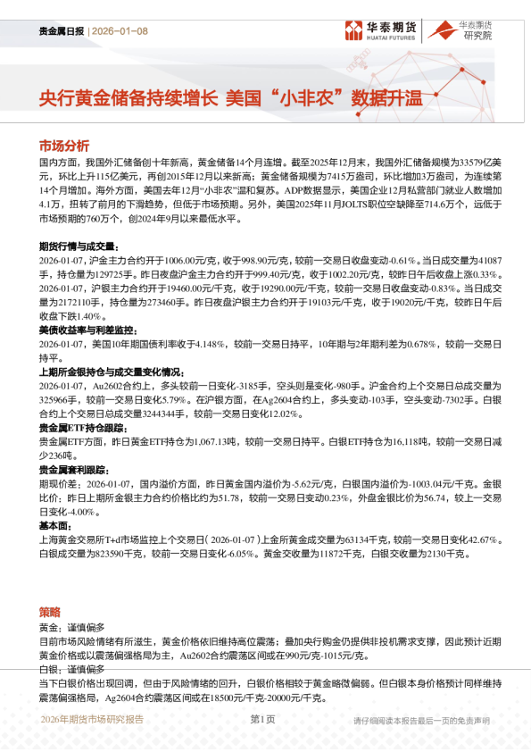 贵金属日报:央行黄金储备持续增长 美国“小非农”数据升温