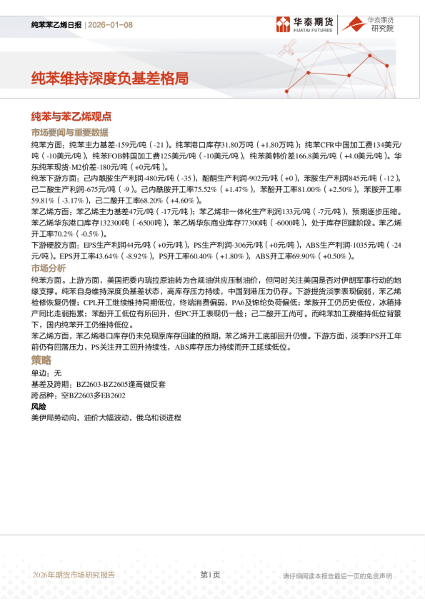 纯苯苯乙烯日报:纯苯维持深度负基差格局