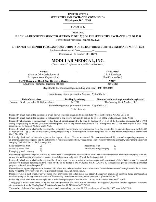 Modular Medical Inc 2025年度报告