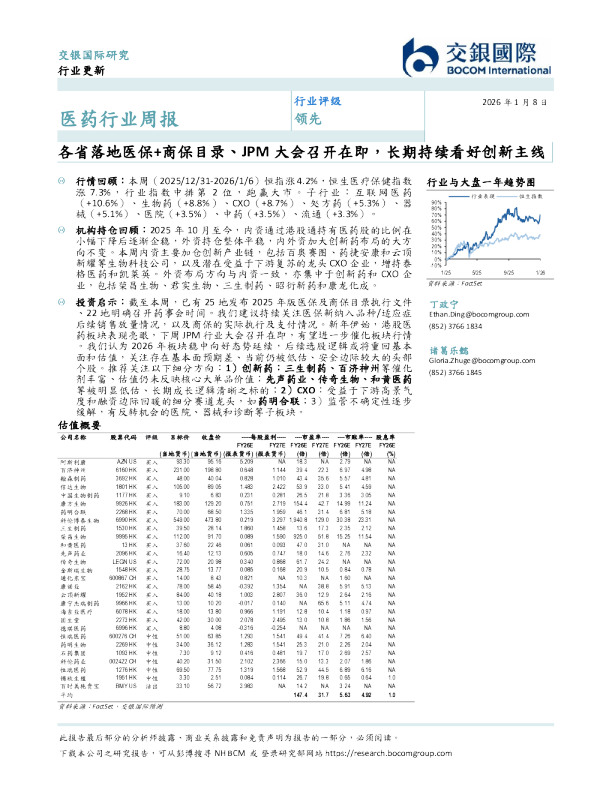 医药行业周报：各省落地医保+商保目录、JPM大会召开在即，长期持续看好创新主线
