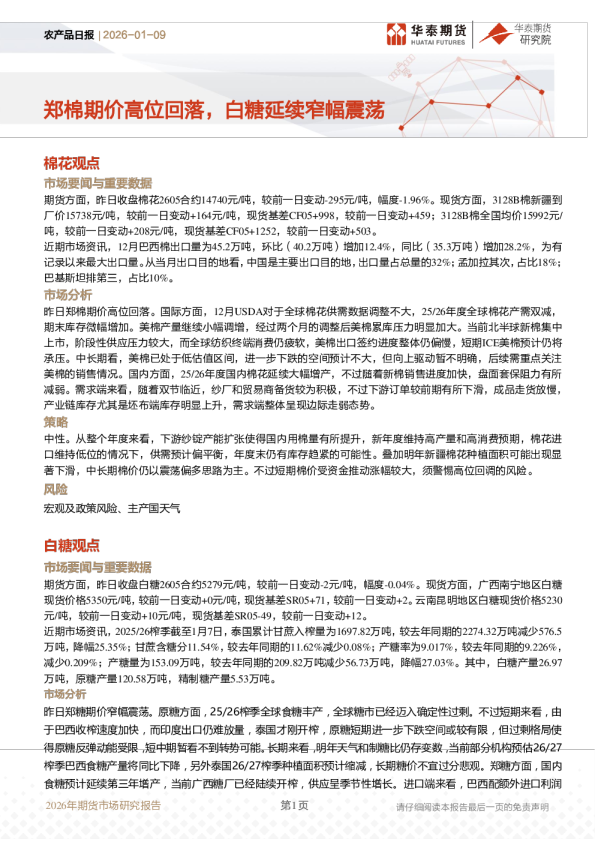 农产品日报：郑棉期价高位回落，白糖延续窄幅震荡