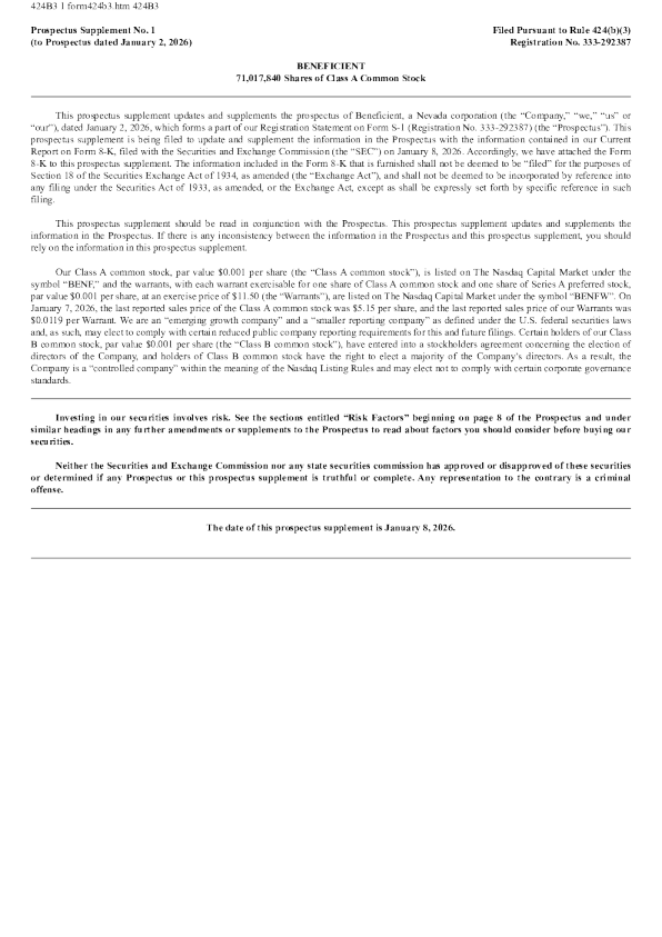 Beneficient-A美国股票招股说明书(2026-01-09版)