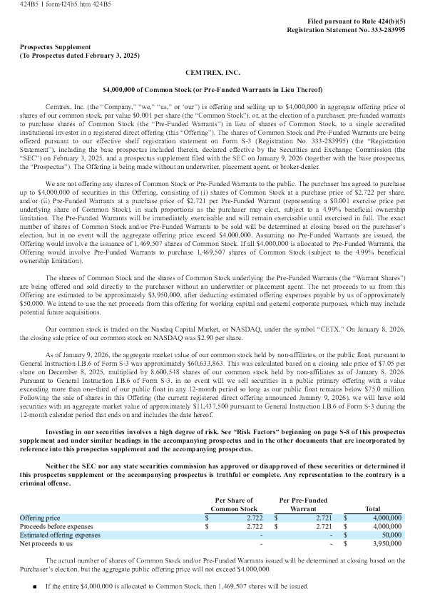 Cemtrex Inc美股招股说明书(2026-01-09版)