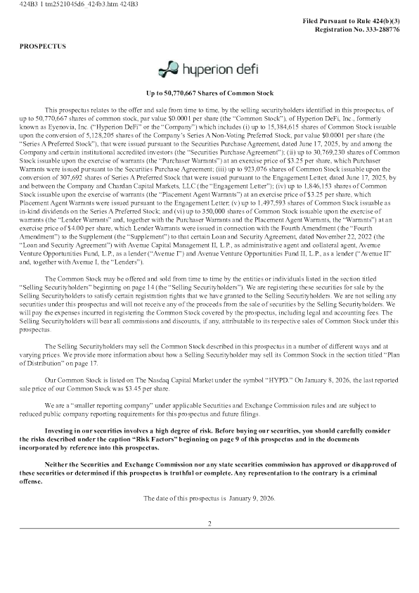 Hyperion DeFi Inc美股招股说明书(2026-01-09版)