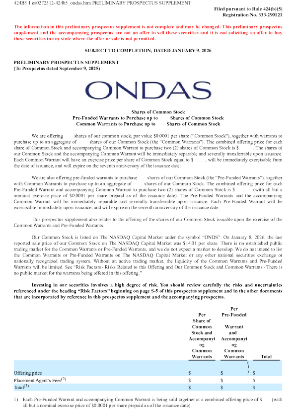 Ondas Holdings Inc美股招股说明书(2026-01-09版)
