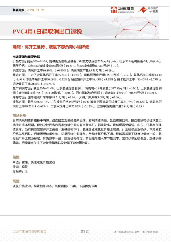 氯碱周报：PVC4月1日起取消出口退税