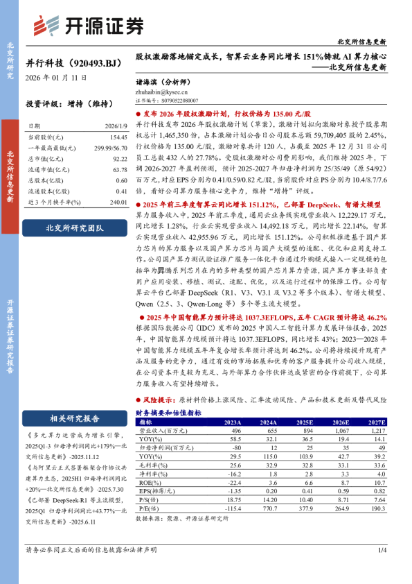 北交所信息更新：股权激励落地锚定成长，智算云业务同比增长151%铸就AI算力核心