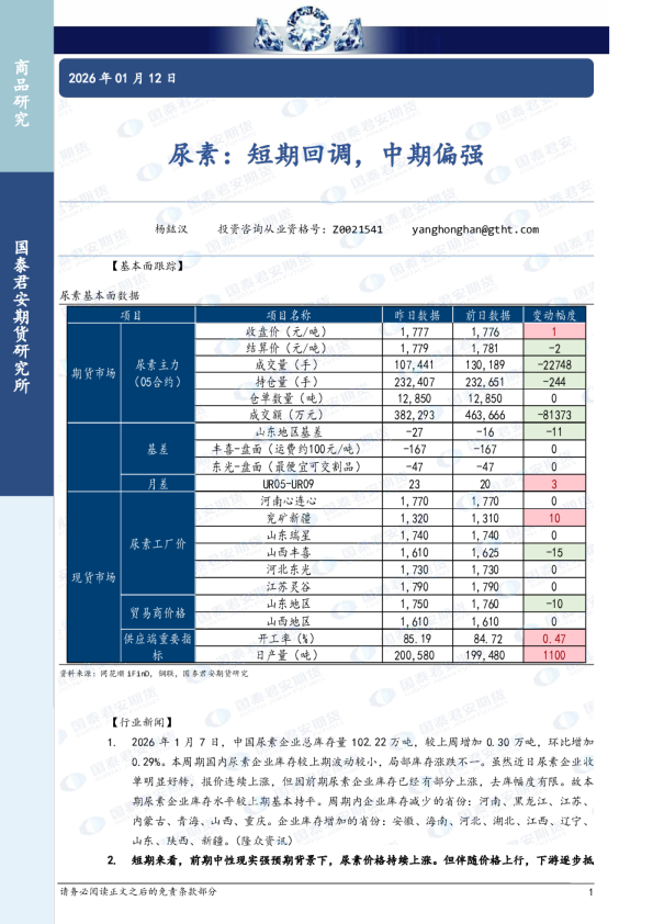 尿素：短期回调，中期偏强