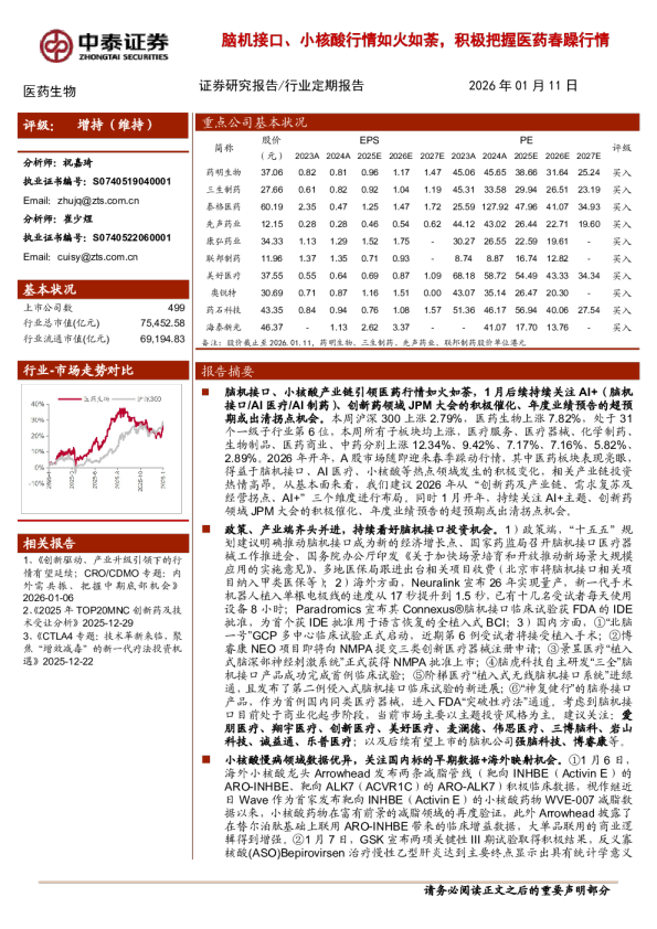 脑机接口、小核酸行情如火如荼，积极把握医药春躁行情