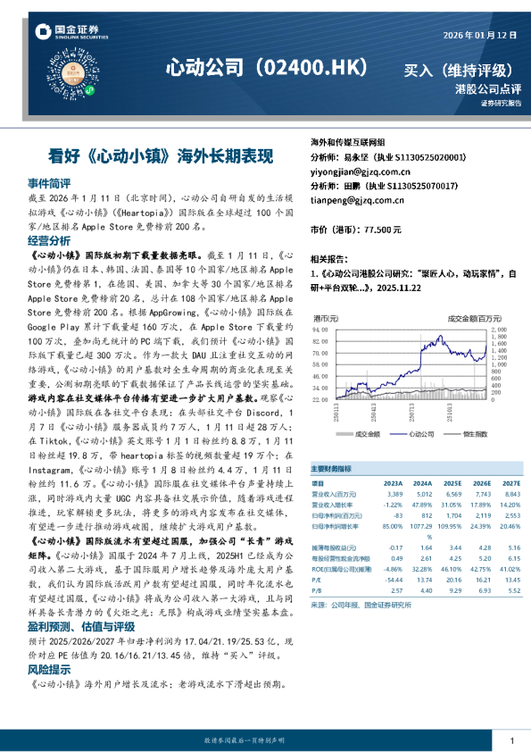 看好《心动小镇》海外长期表现