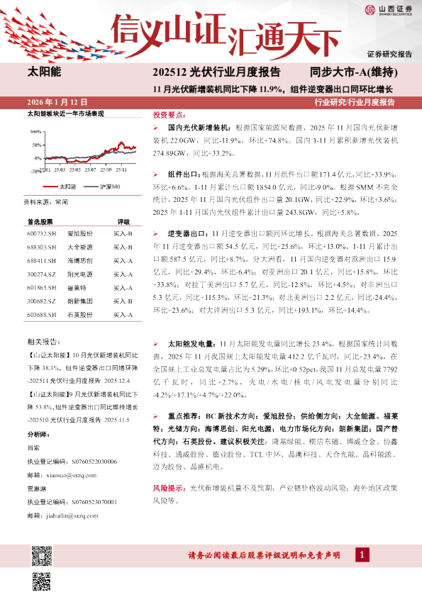 11月光伏新增装机同比下降11.9%，组件逆变器出口同环比增长