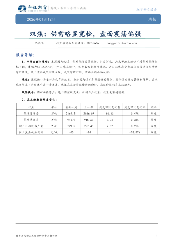 双焦：供需略显宽松，盘面震荡偏强
