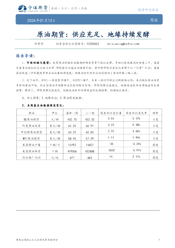 原油期货：供应充足、地缘持续发酵