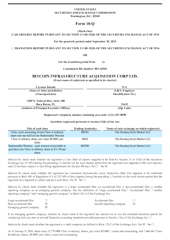 比特币基础设施收购有限公司-A 2026年季度报告