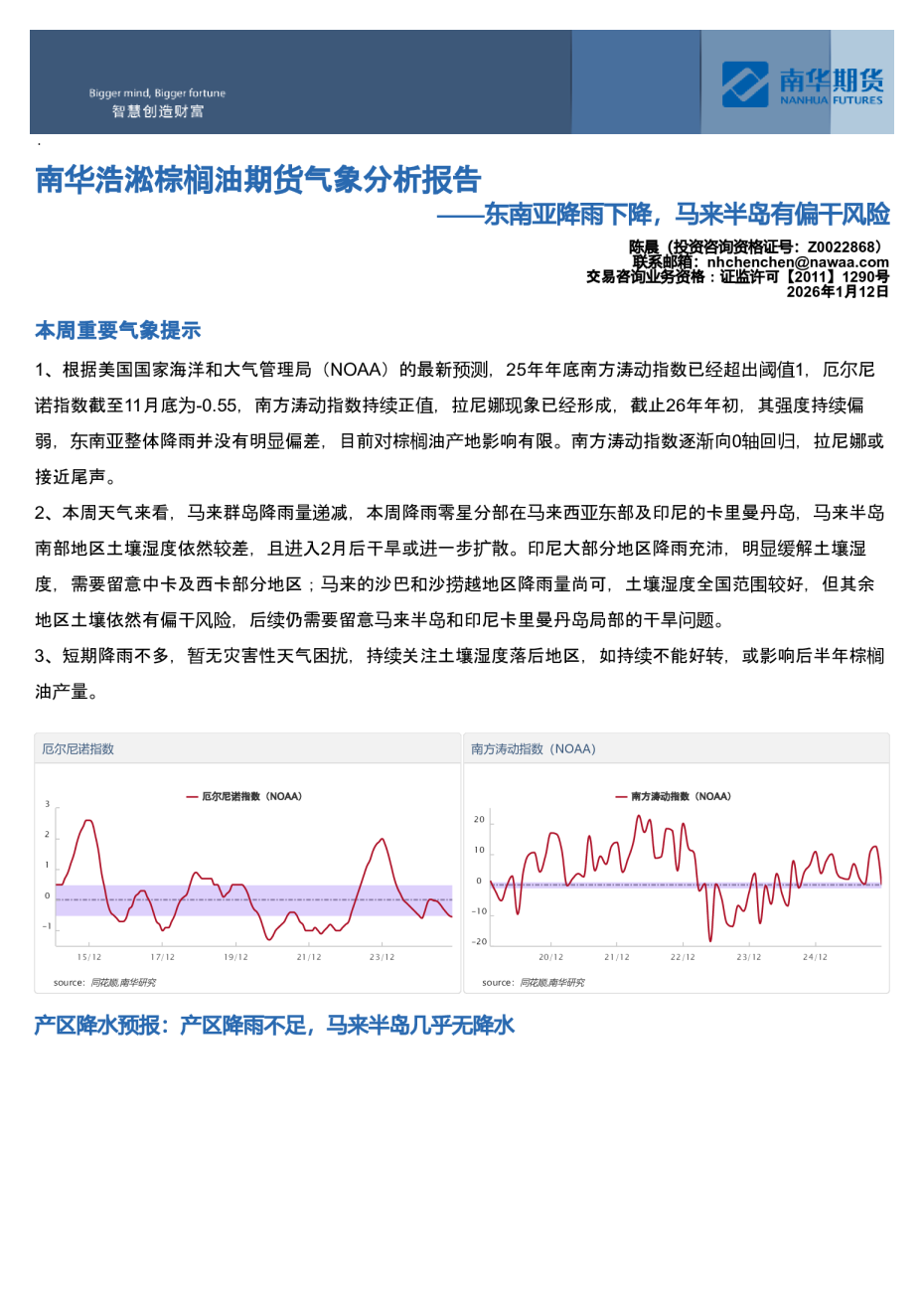 南华浩淞棕榈油期货气象分析报告：东南亚降雨下降，马来半岛有偏干风险