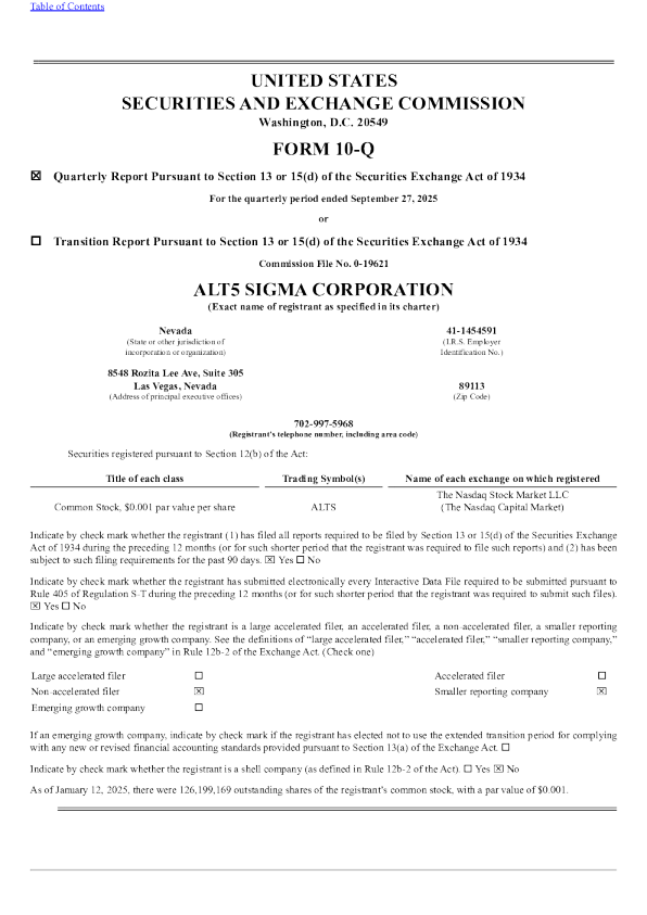 ALT5 Sigma Corp 2026年季度报告