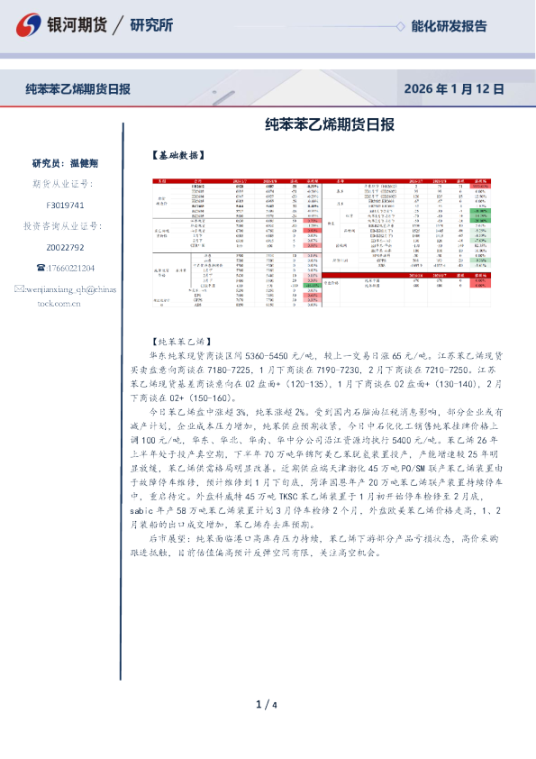 纯苯苯乙烯期货日报