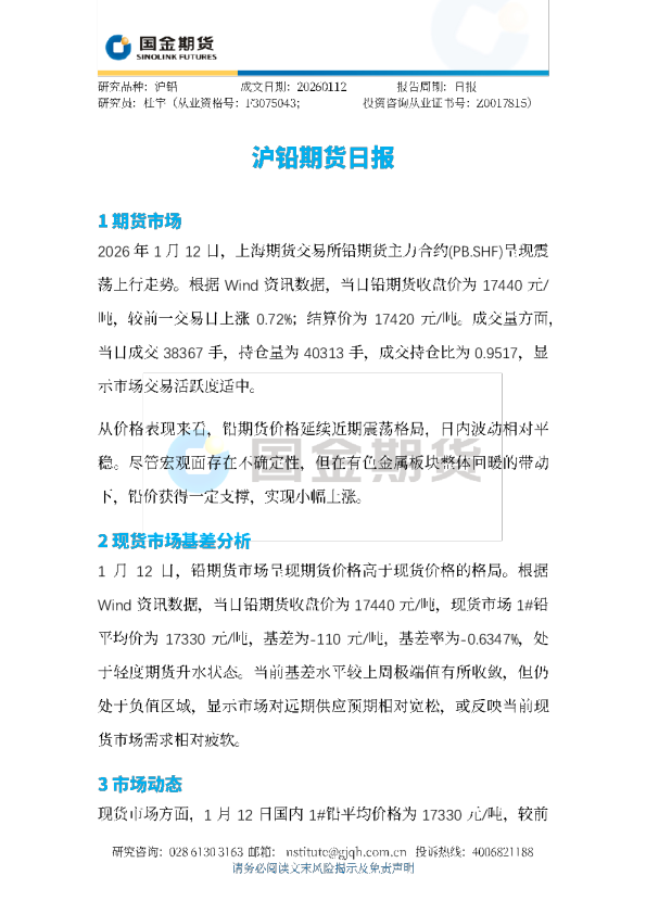 沪铅期货日报