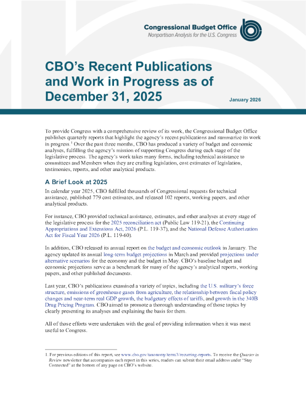 国会预算办公室截至2025年12月31日的近期出版物和在研工作